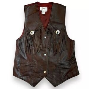 Vintage Cedars Leather Vest Western Style Fringe Conchos Snap Brown Medium